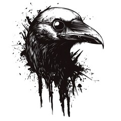 Fototapeta premium Black and white illustration of a raven's head with a grunge effect.