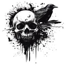 Fototapeta premium A black and white illustration of a human skull with a crow perched on top. The skull is surrounded by a black splatter pattern.