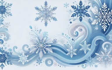 Elegant Winter Wonderland Abstract with Intricate Blue and White Snowflakes and Flowing Frosty Swirl