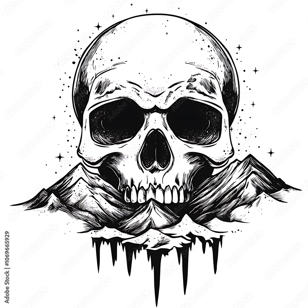 Poster a black and white illustration of a skull with a mountain range behind it and stars in the backgroun