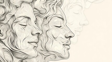 Three stylized faces with eyes closed, rendered in grayscale with a fluid texture, fade into each other.