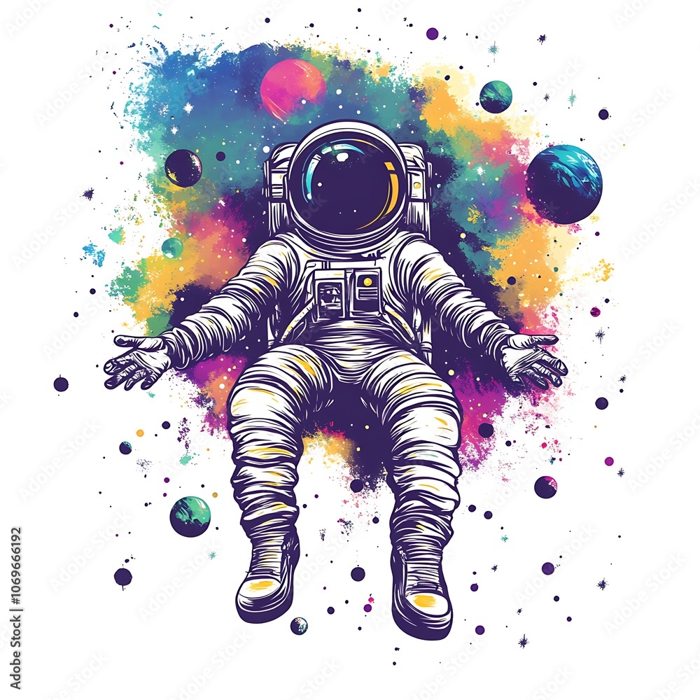 Poster an astronaut floats in space, surrounded by colorful nebulae and stars.