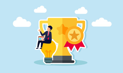 A businessman with a laptop sits on a lamp next to trophies and awards, illustration of applying relevant and great innovation and ideas to achieve business success and recognition