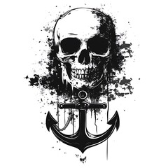 Black and white illustration of a skull with an anchor in front of it. The skull is partially obscured by black ink splatter.
