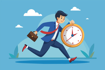 Businessman Running With Large Clock and Briefcase