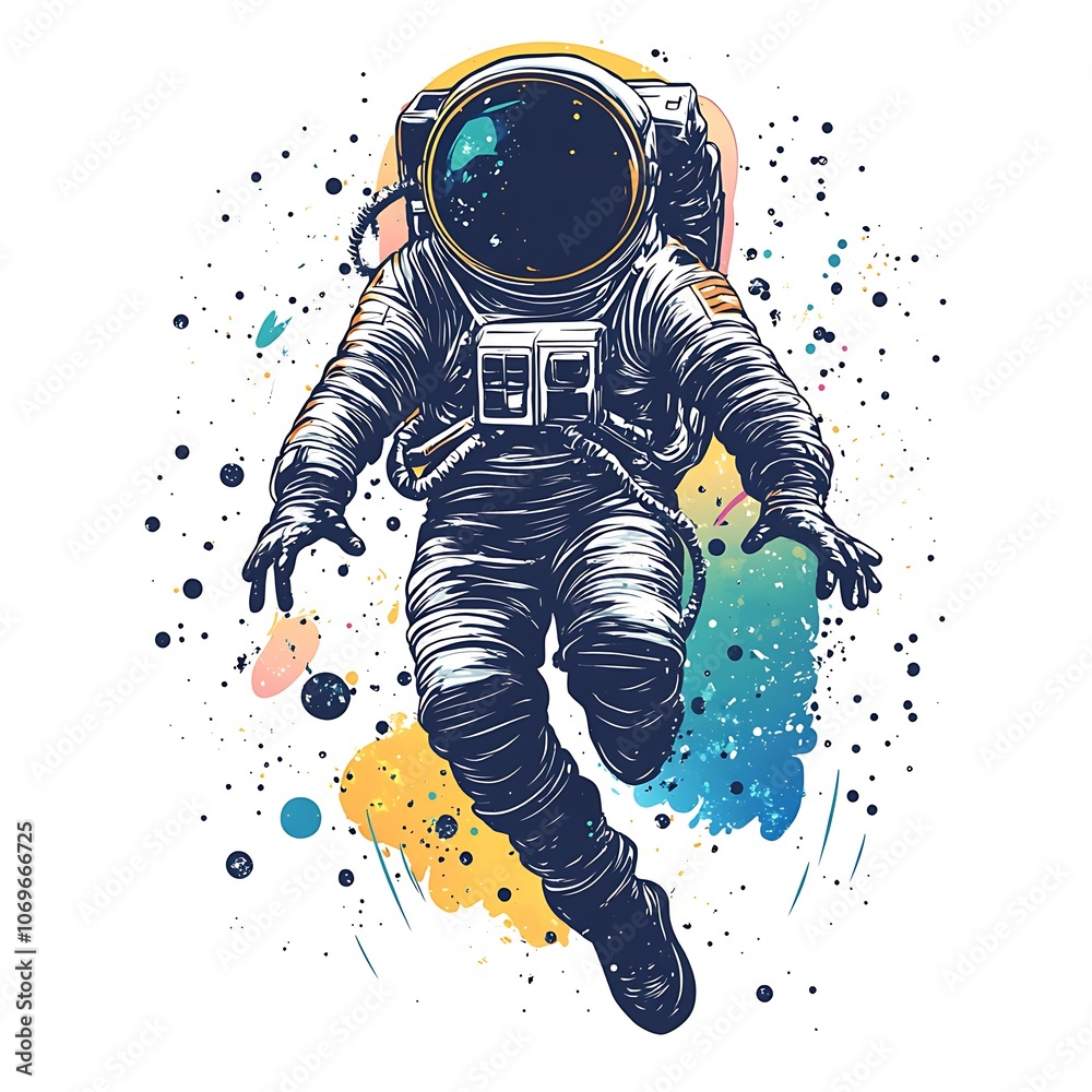 Poster a hand-drawn illustration of an astronaut floating in space against a colorful background of stars a