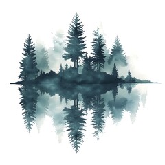 Fototapeta premium A watercolor illustration of a forest reflecting in a still lake, creating a symmetrical and serene image.