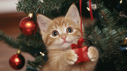 Christmas Kitten with Gift 