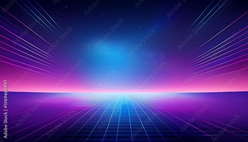 Poster Retro futuristic background with glowing neon lines and a grid pattern.