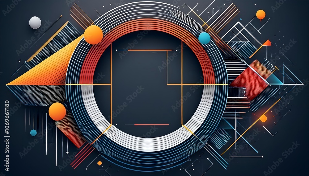 Poster Abstract geometric shapes in a dark blue background with overlapping layers of different sizes and colors.
