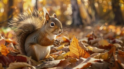 Obraz premium Cute Squirrel Among Autumn Leaves: A Closeup of Nature's Charm