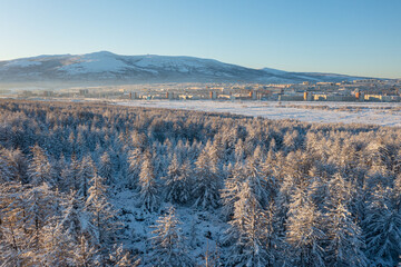 View of the winter forest, northern town and mountains. Aerial view of the city of Magadan and its environs. Cold weather. Snow covered larch trees. The nature of the Magadan region. Far East Russia.