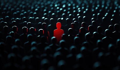 Fototapeta premium A single red figure stands out from a crowd of dark figures.