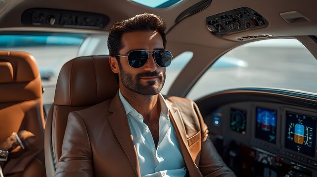Pilot navigates private jet cockpit with confidence