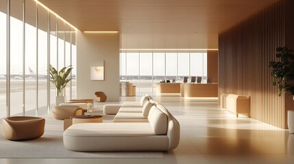 Explore the warm ambiance of an elegant airport lounge