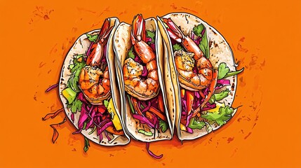 99.Soft tortillas filled with grilled shrimp, crisp veggies, and bold sauces, colorful and fresh, vibrant twist on traditional tacos, appetizing and full of flavor