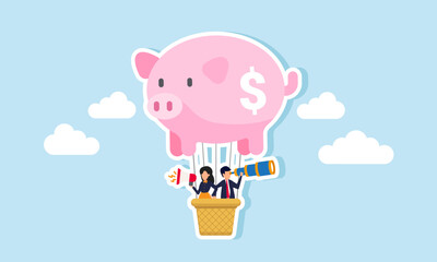A businessman use telescope and another speaking through a megaphone while ride a hot air balloon shaped like a piggy bank, illustration of monitor and educate investment