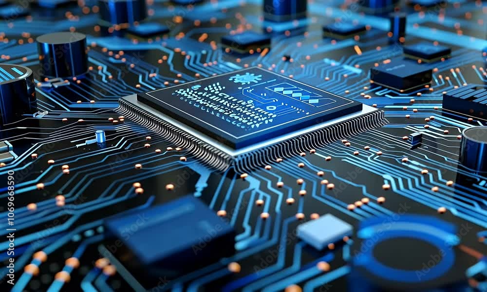 Poster digital blue circuit board background with computer code and technology symbols, including the icon 