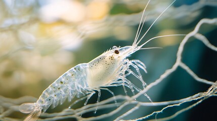 84.Small white shrimp resting in a sampling net, translucent bodies with delicate details, calm water surrounding, clean and fresh atmosphere, bright shrimp farm background