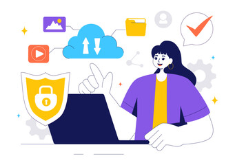 Digital Cloud Security Vector Illustration of Safety and Data Protection for Network, Internet, Hosting, and Backup Servers in a Technological