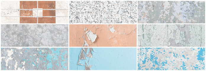 Set of panoramic background textures. Collection of wide textures with peeling paint, cracks, rust, stone and concrete walls. Faded rough surfaces of old walls. Bundle of light backgrounds for design.