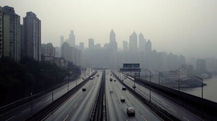 Foggy cityscape with skyscrapers and a highway, conveying urban atmosphere and transport.