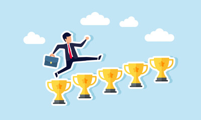 A businessman runs and leaps over a row of trophies, illustration of receiving multiple awards for great business performance