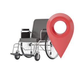 Wheelchair with a red map pin on a white background, symbolizing accessibility and navigation. Concept of mobility. 3D Rendering
