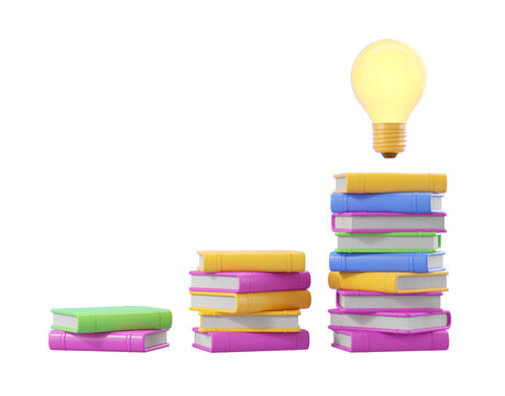 Colorful stacked books with a glowing light bulb above, situated on a white background. Concept of knowledge and ideas. 3D Rendering