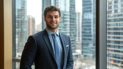 Fototapeta premium A well-dressed man stands confidently beside a large window, showcasing a vibrant city skyline. Sunlight bathes the space, reflecting a professional atmosphere in an urban setting.