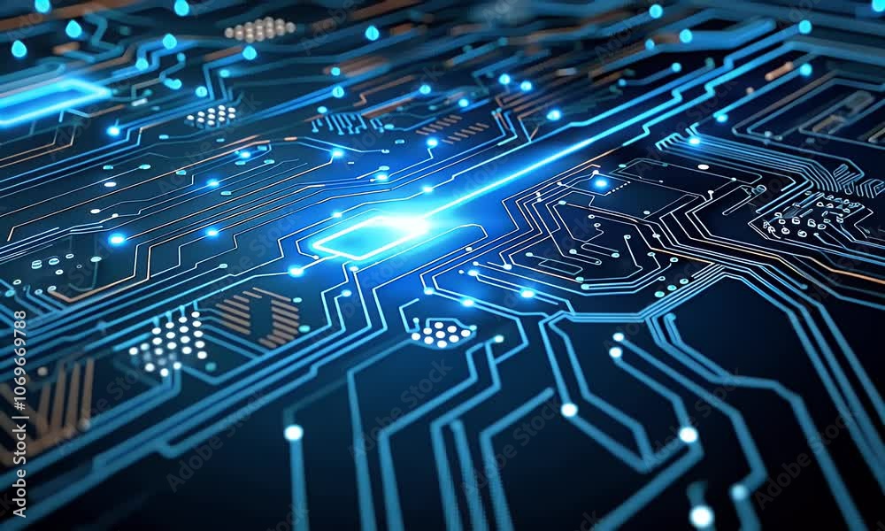 Poster digital blue circuit board background with computer code and technology symbols, including the icon 