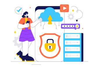 Digital Cloud Security Vector Illustration of Safety and Data Protection for Network, Internet, Hosting, and Backup Servers in a Technological