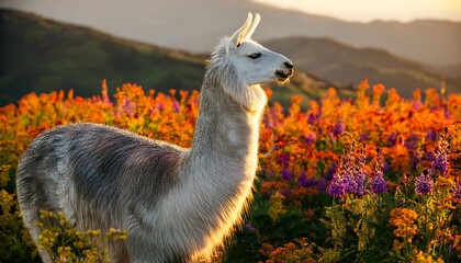 Fototapeta premium A white llama stands in a field of colorful wildflowers, with a mountain range in the background, bathed in the golden light of the setting sun.