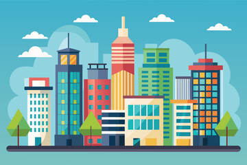 Obraz premium Colorful Flat Style City Skyline Illustration With Tall Buildings and Clouds