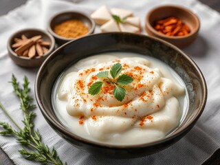 A close-up shot of a delicious plate of white pudding with sprinkled spices on top, displayed on a rustic wooden table, creamy, gourmet