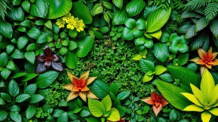 A diverse collection of vibrant greenery including tropical leaves, forest plants, herbs, and various foliage, lush, exotic