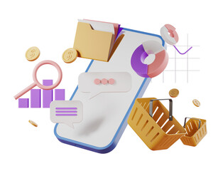 Smartphone with shopping carts, charts, and icons on white background. Concept of online shopping and tech trends. 3D Rendering