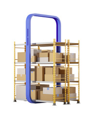 Warehouse shelves filled with boxes, featuring a blue smartphone frame, isolated on a white background. Concept of online shopping. 3D Rendering