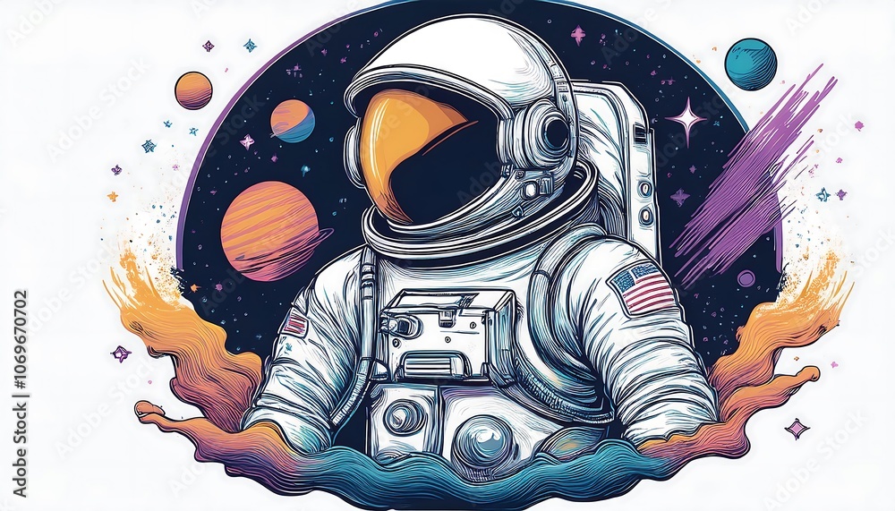 Poster a stylized illustration of an astronaut in space with colorful planets and stars.