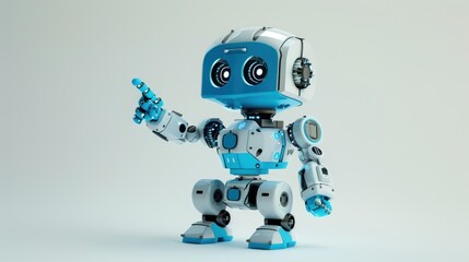 Cute futuristic robot pointing at the camera on a gray background, AI generated image