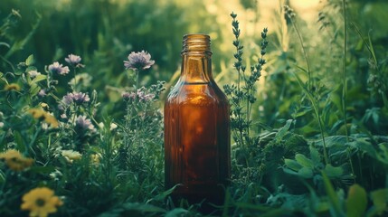 Honey bottle with herbs and flowers around, fresh and organic, farm-to-table feel