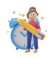 Cartoon character holding a large pencil with an alarm clock and alphabet letters. Colorful, isolated on white. Concept of education. 3D Rendering