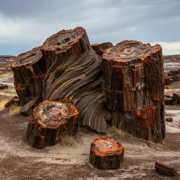 Ancient petrified forest with twisted trees frozen in stone