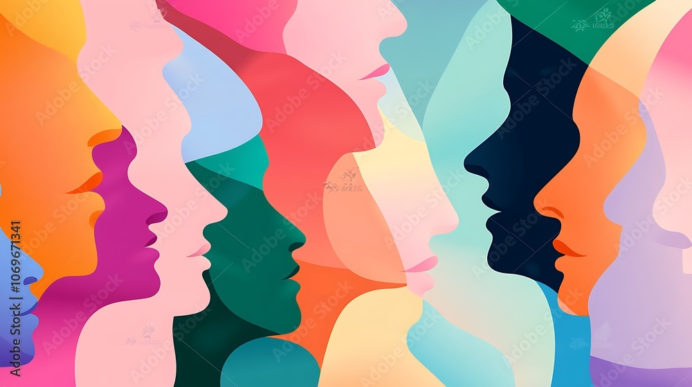 Aufkleber A row of colorful profile silhouettes in a minimalist style representing diversity and inclusion.