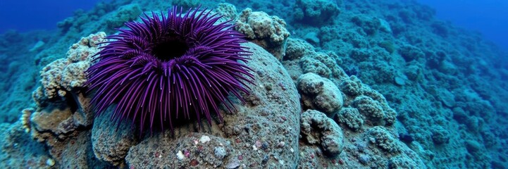 Obraz premium Close-up of purple sea urchin on California Channel Islands reef, ocean, purple