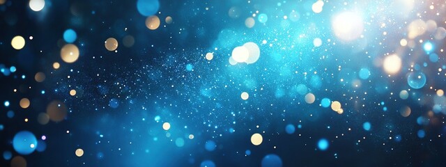 Abstract blue and gold bokeh background with glowing light.