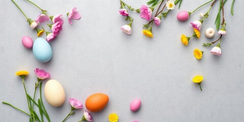 Obraz premium Easter eggs and decorations arranged on grey concrete background, spring, flat lay