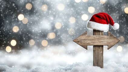 A wooden signpost with a Santa hat, pointing in two directions, standing in snowy ground, with twinkling lights in the background.