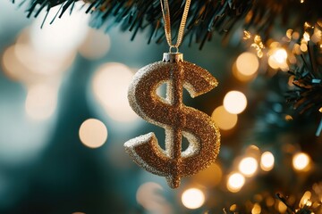 A glittering dollar sign ornament hangs on a Christmas tree, symbolizing holiday spending or financial goals.