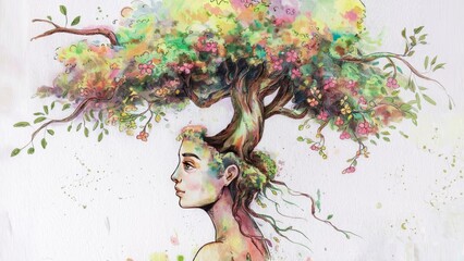 Obraz na płótnie Canvas Watercolor painting illustrating woman with blossoming tree growing from her head, representing personal growth and inner strength. Nature connection concept